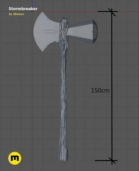 Wireframe mesh render of Stormbreaker - Thor Axe STL, full-length mesh topology, 3D print cosplay prop