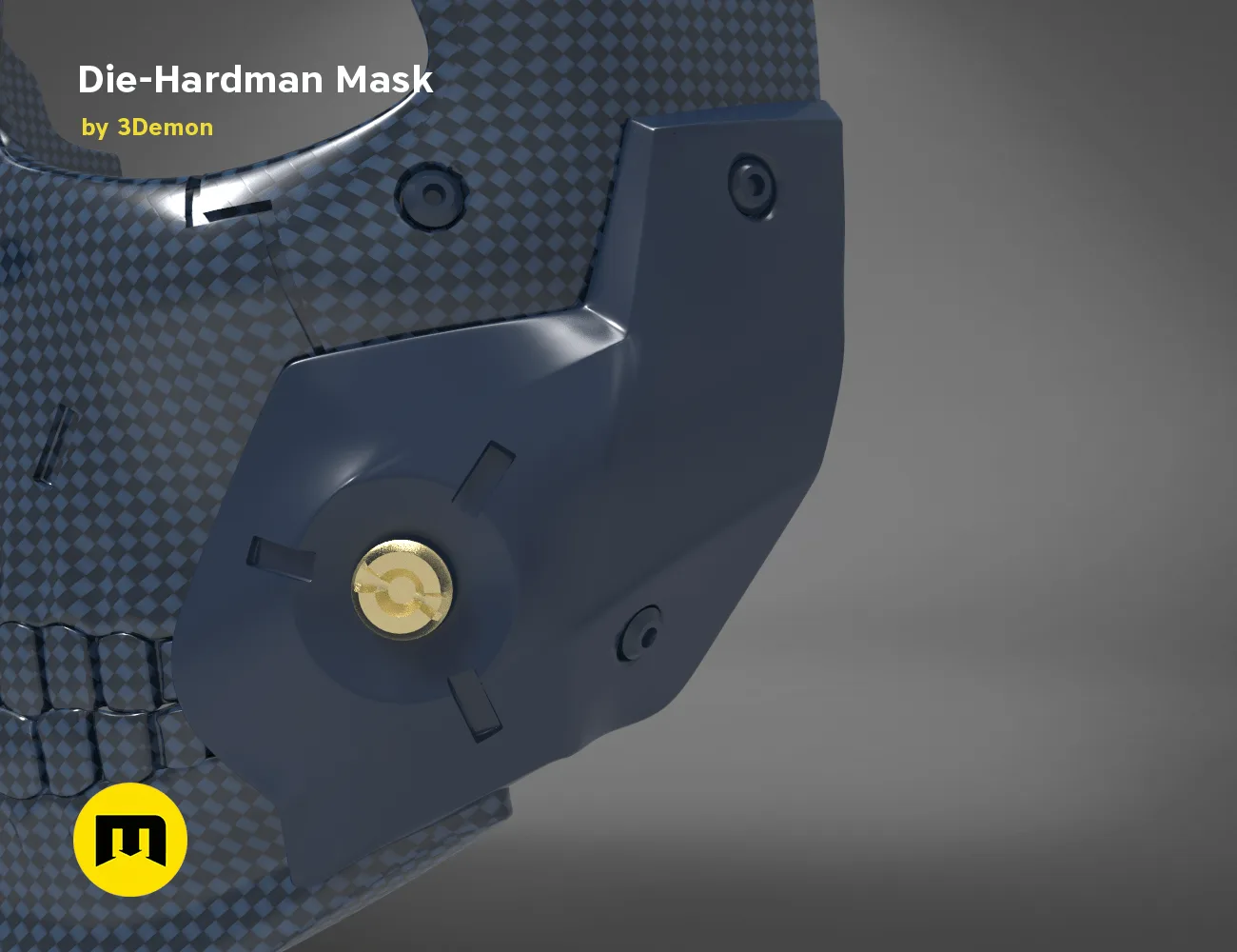 CAD render of Die-Hardman Mask - Death Stranding STL, dark blue 3D print cosplay prop, side view.
