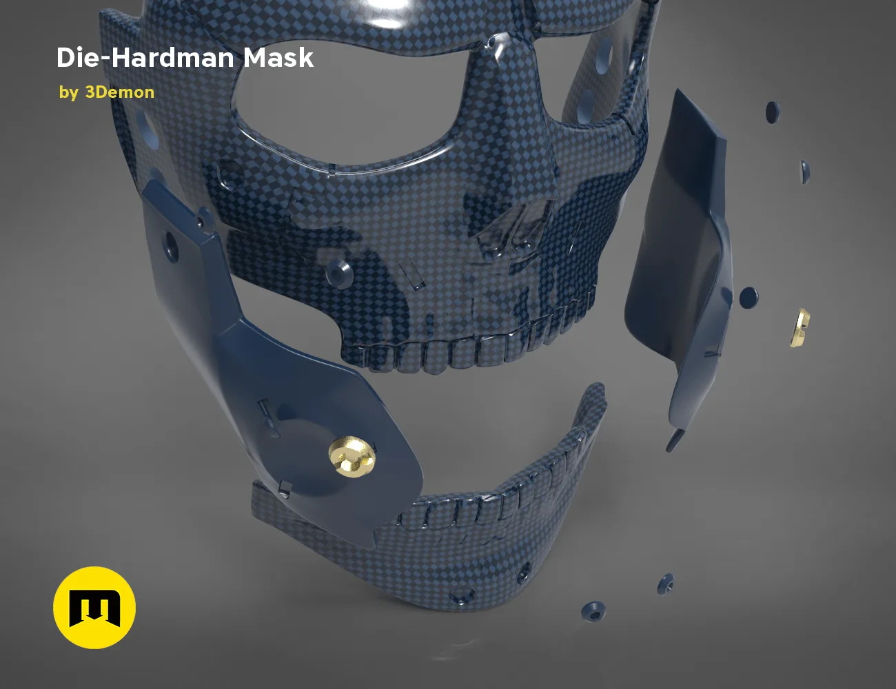 Printable 3D model of Die-Hardman Mask - Death Stranding, exploded view of metallic cosplay armor pieces, 3D print.