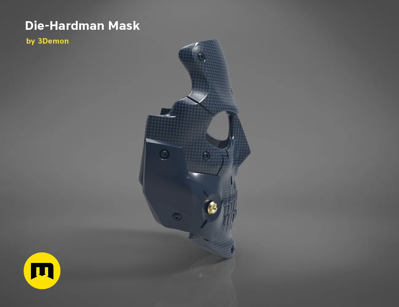 Digital 3D render of Die-Hardman Mask - Death Stranding, black carbon-fiber cosplay prop, side view.