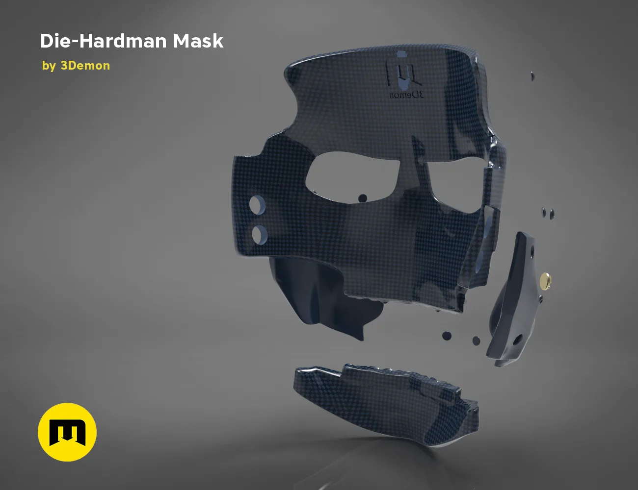 Rendered 3D model of Die-Hardman Mask - Death Stranding, exploded view 3D print cosplay prop.