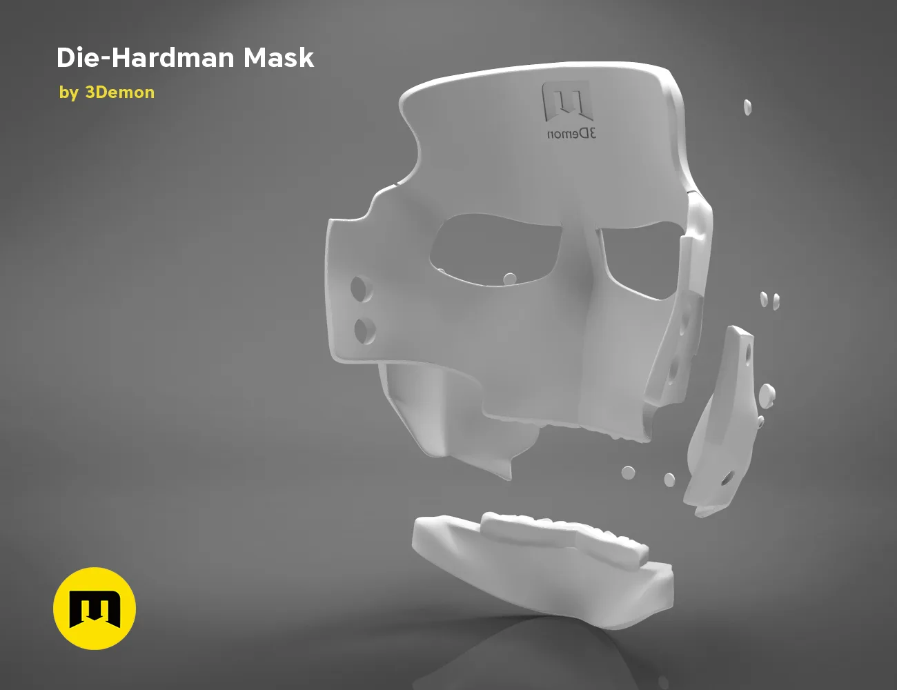 3D model render of Die-Hardman Mask - Death Stranding STL, white 3D print cosplay prop, exploded view