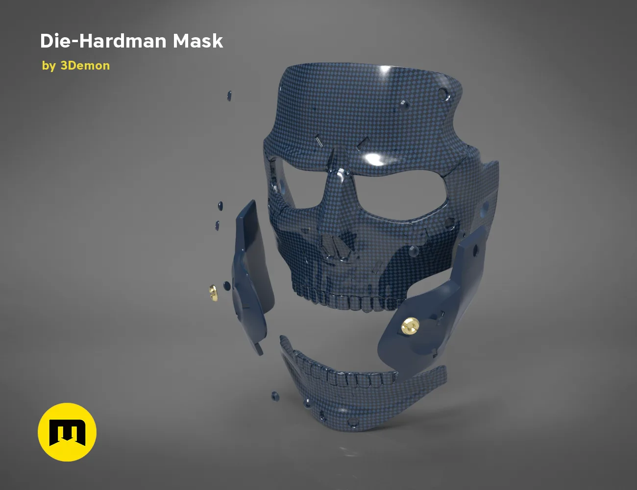 3D model render of Die-Hardman Mask - Death Stranding, exploded view cosplay prop, 3D printed
