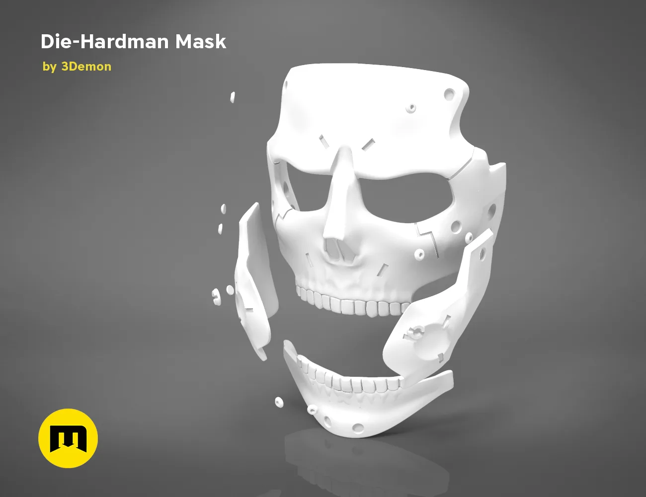 3D visualization of Die-Hardman Mask - Death Stranding, white 3D printed cosplay prop, exploded view