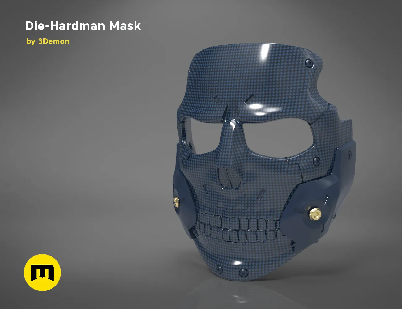 Rendered 3D model of Die-Hardman Mask - Death Stranding, carbon-fiber textured cosplay prop, front view