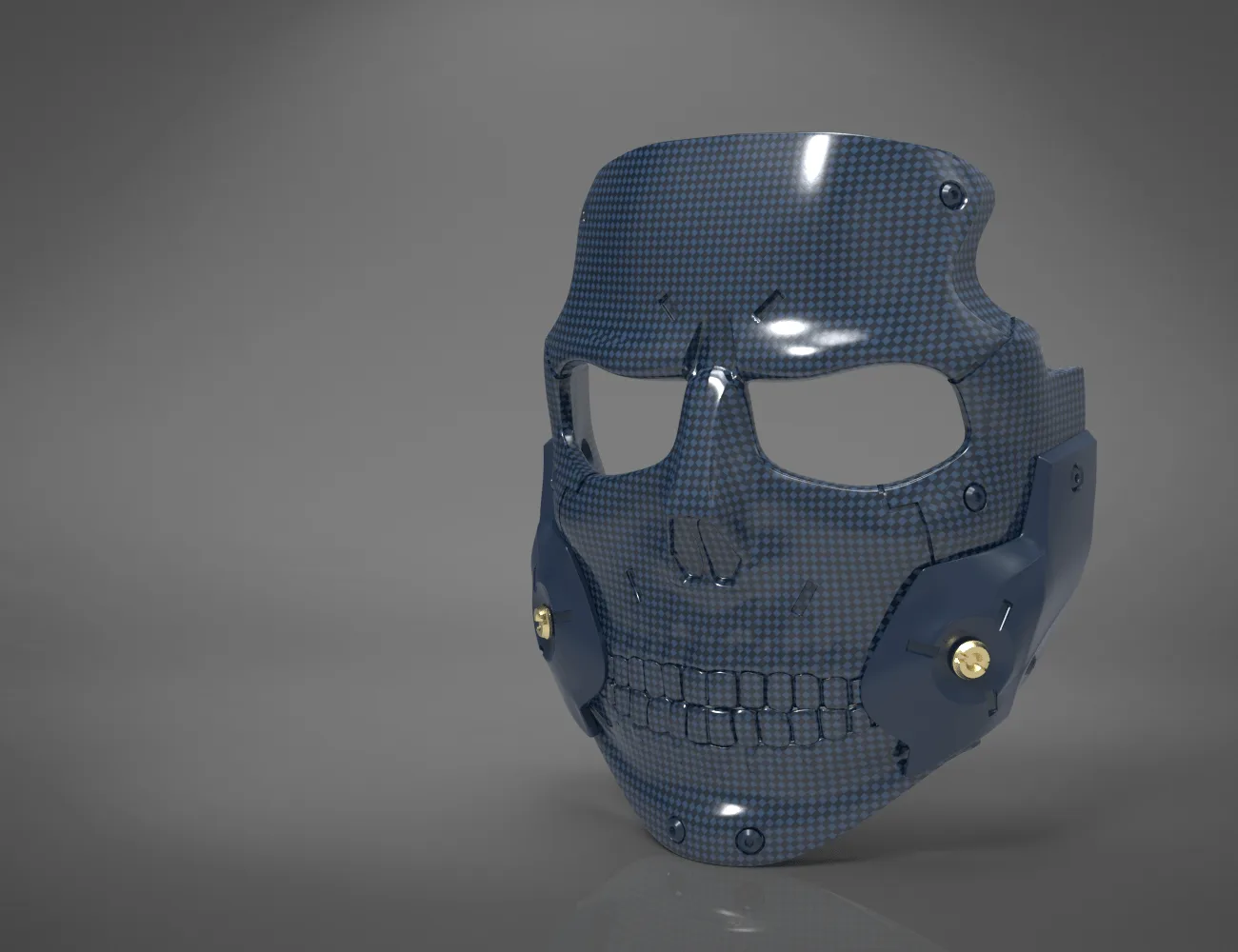 Digital 3D render of Die-Hardman Mask - Death Stranding, carbon-fiber textured cosplay prop, front view