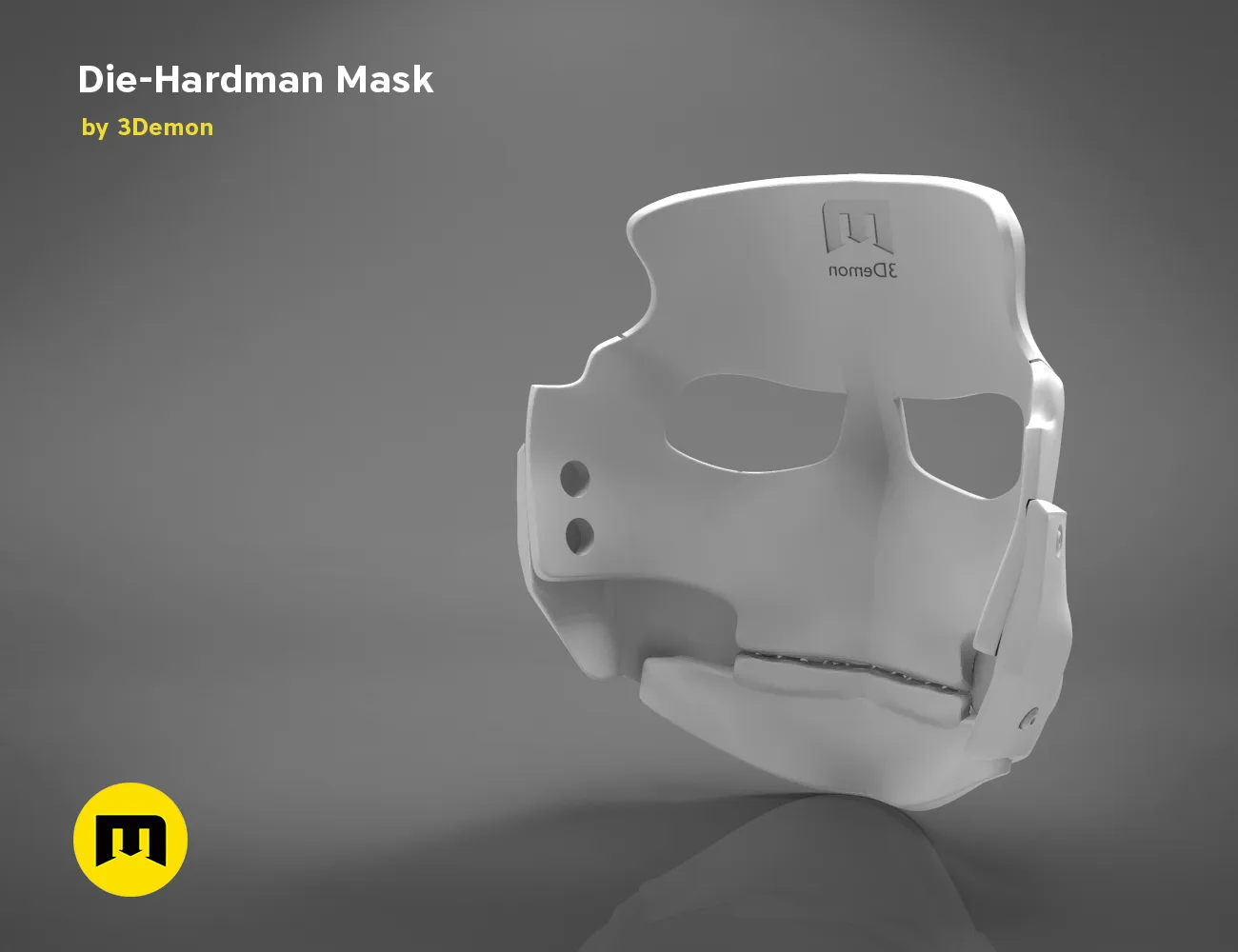 CAD render of Die-Hardman Mask - Death Stranding STL, white 3D print cosplay prop, front view.