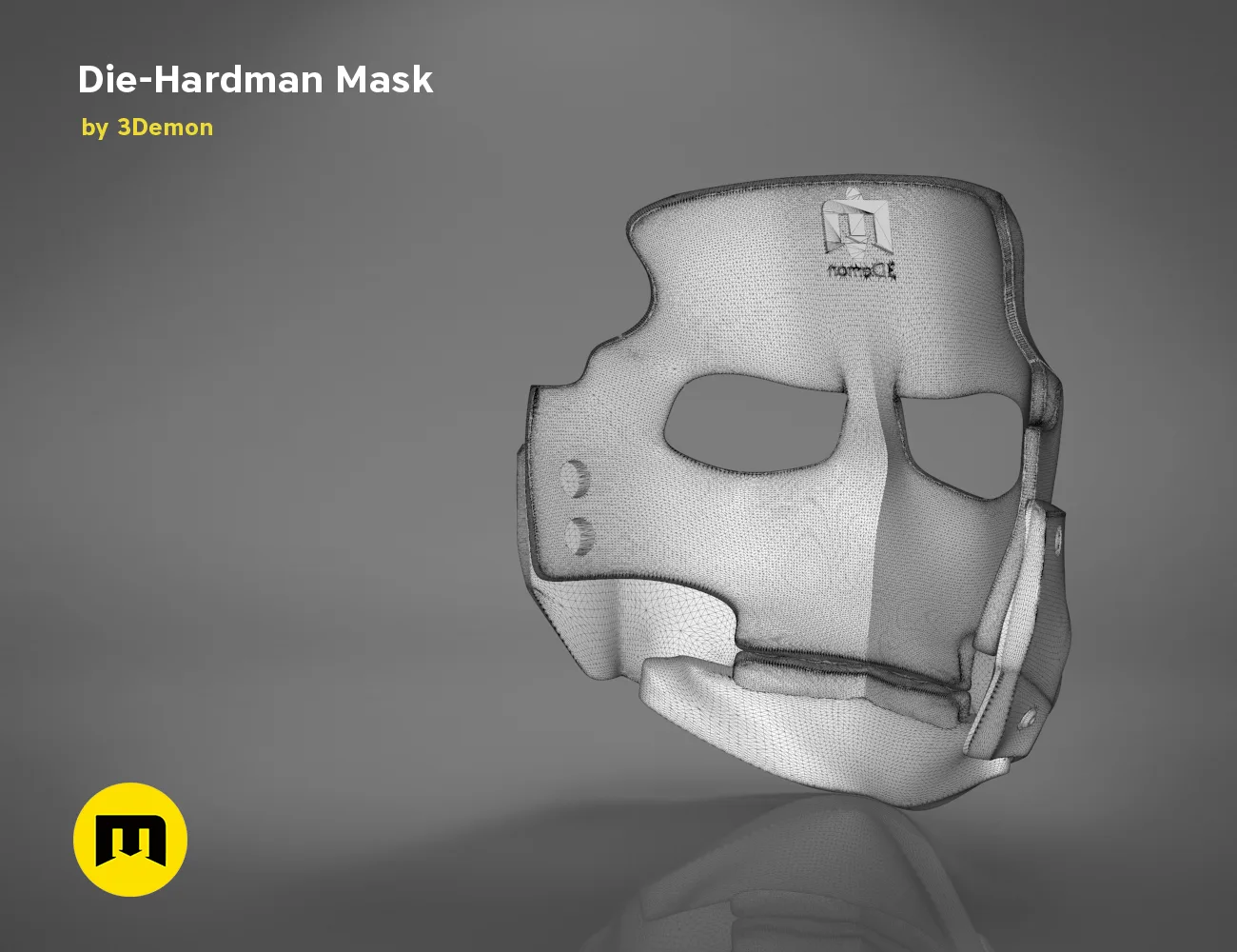 Wireframe mesh render of Die-Hardman Mask - Death Stranding STL, front mesh topology, 3D print cosplay prop