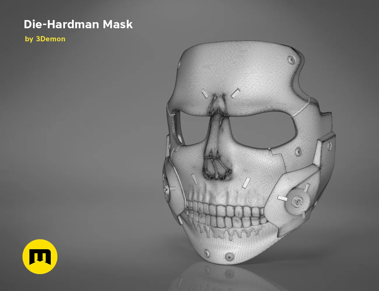 Wireframe mesh render of Die-Hardman Mask - Death Stranding STL, front mesh topology, 3D print cosplay prop