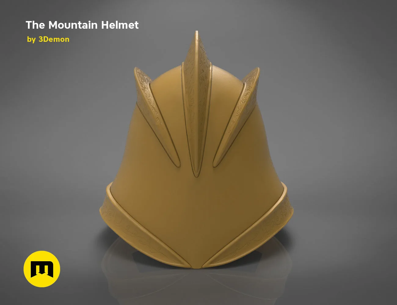 Grey 3D render of the Dark Mountain helmet from Game of Thrones, side view, on a dark gradient background.