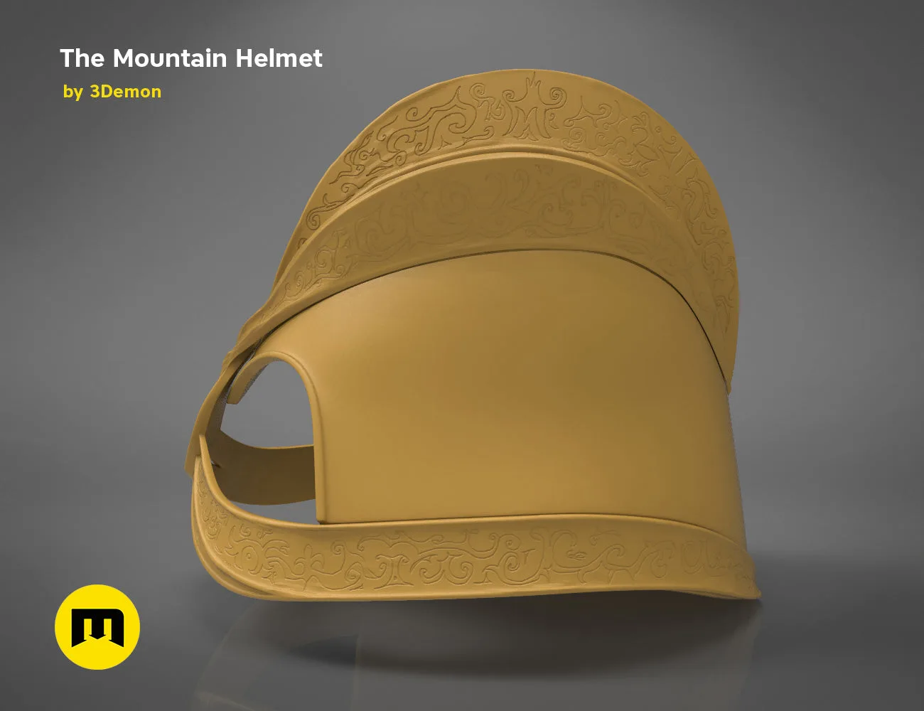 Grey 3D render of the Dark Mountain helmet from Game of Thrones, rear view, on a dark gradient background.