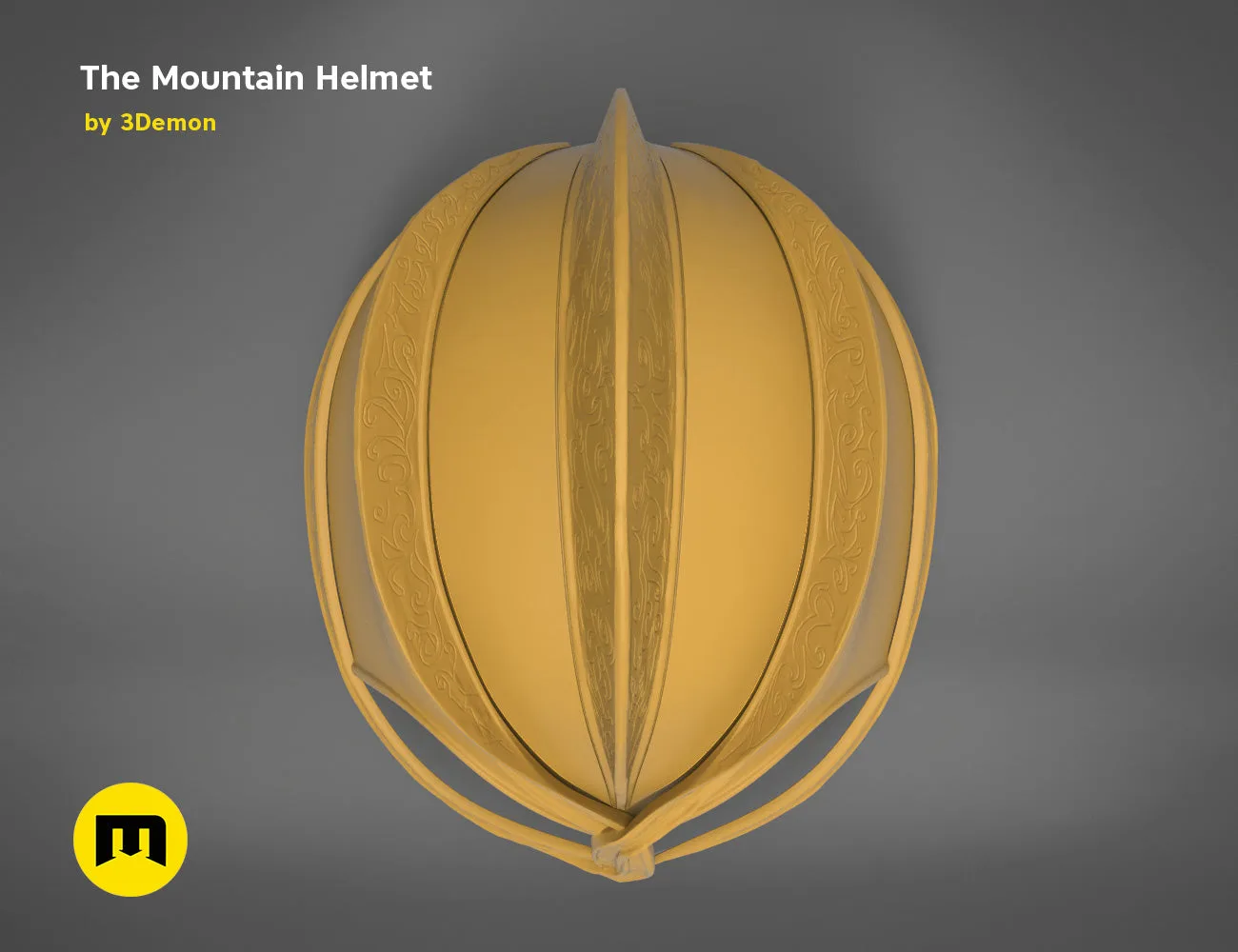 Grey 3D render of the Dark Mountain helmet from Game of Thrones, three-quarter front view on dark background.