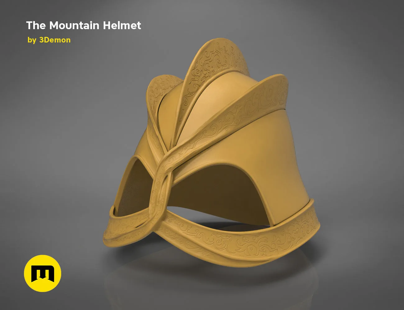 Grey 3D render of the Dark Mountain helmet from Game of Thrones, three-quarter rear-right view on dark background.