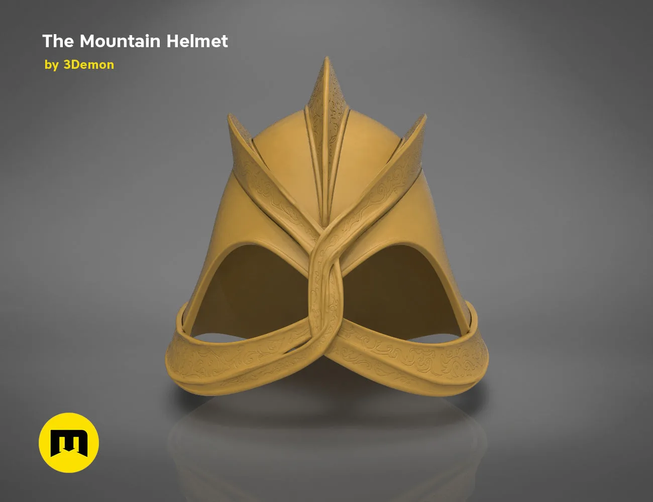 Grey 3D render of the Dark Mountain helmet from Game of Thrones, front view, on a dark gradient background.