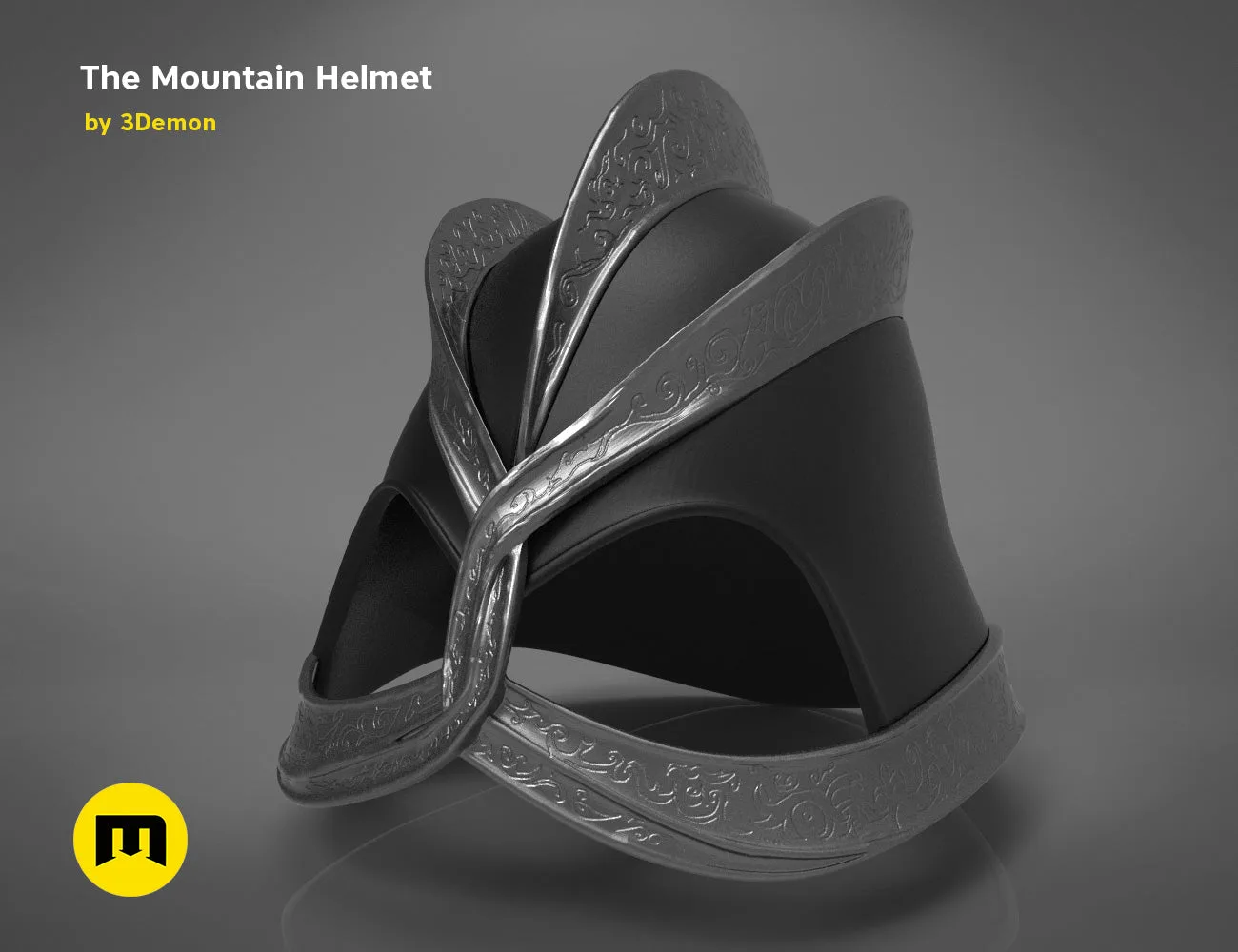 Painted 3D render of the Dark Mountain helmet from Game of Thrones, side view showing the visor detail.