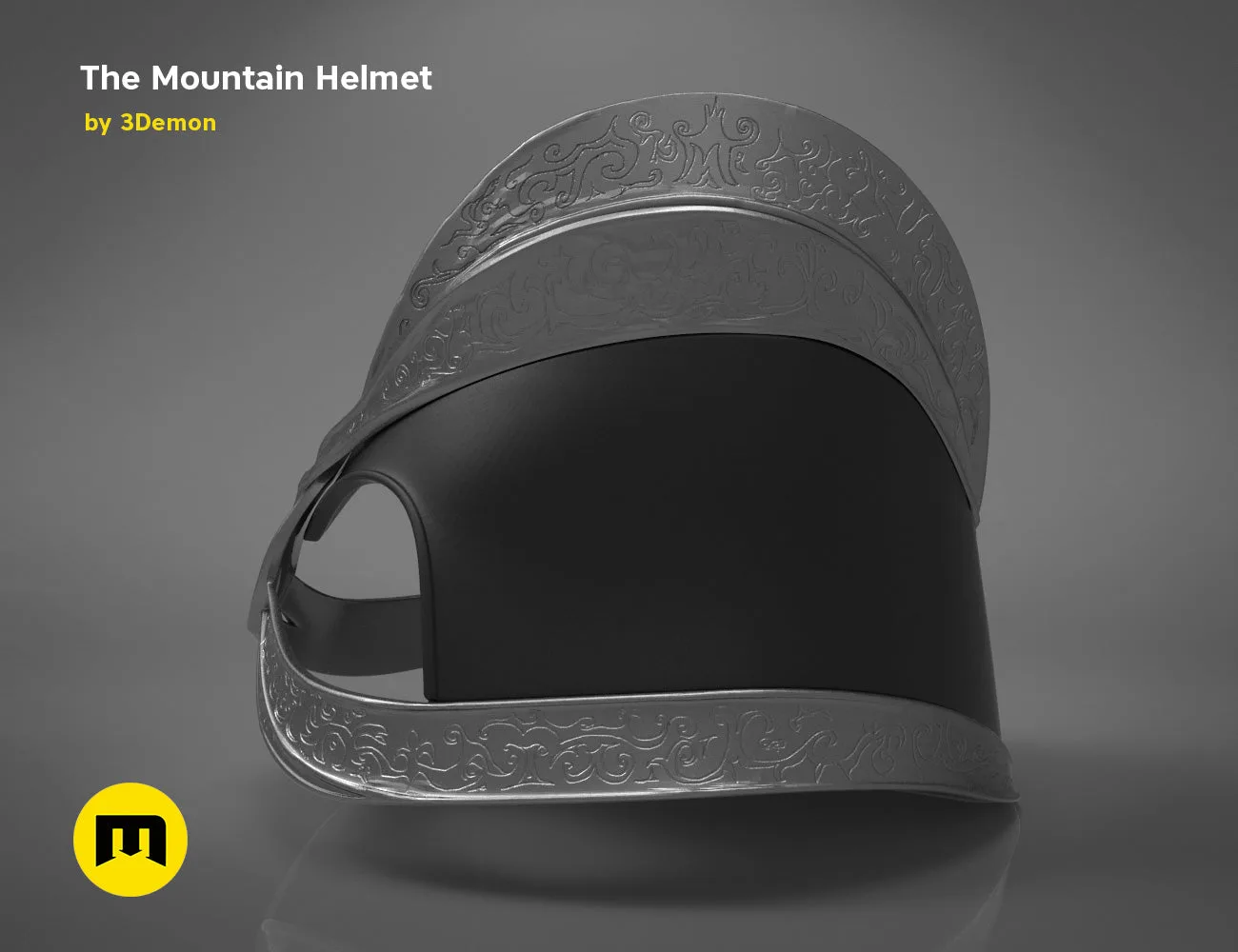 Painted 3D render of the Dark Mountain helmet from Game of Thrones from a low-angle perspective on dark background.