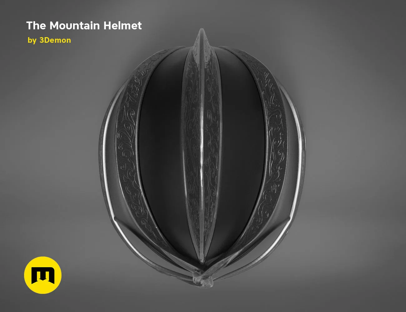 Painted 3D render of the Dark Mountain helmet from Game of Thrones from a top-down perspective on dark background.