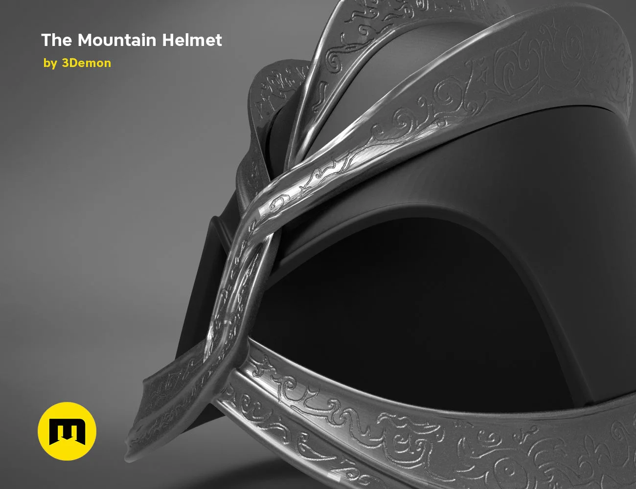 Painted 3D render of the Dark Mountain helmet from Game of Thrones from a three-quarter front-left view.