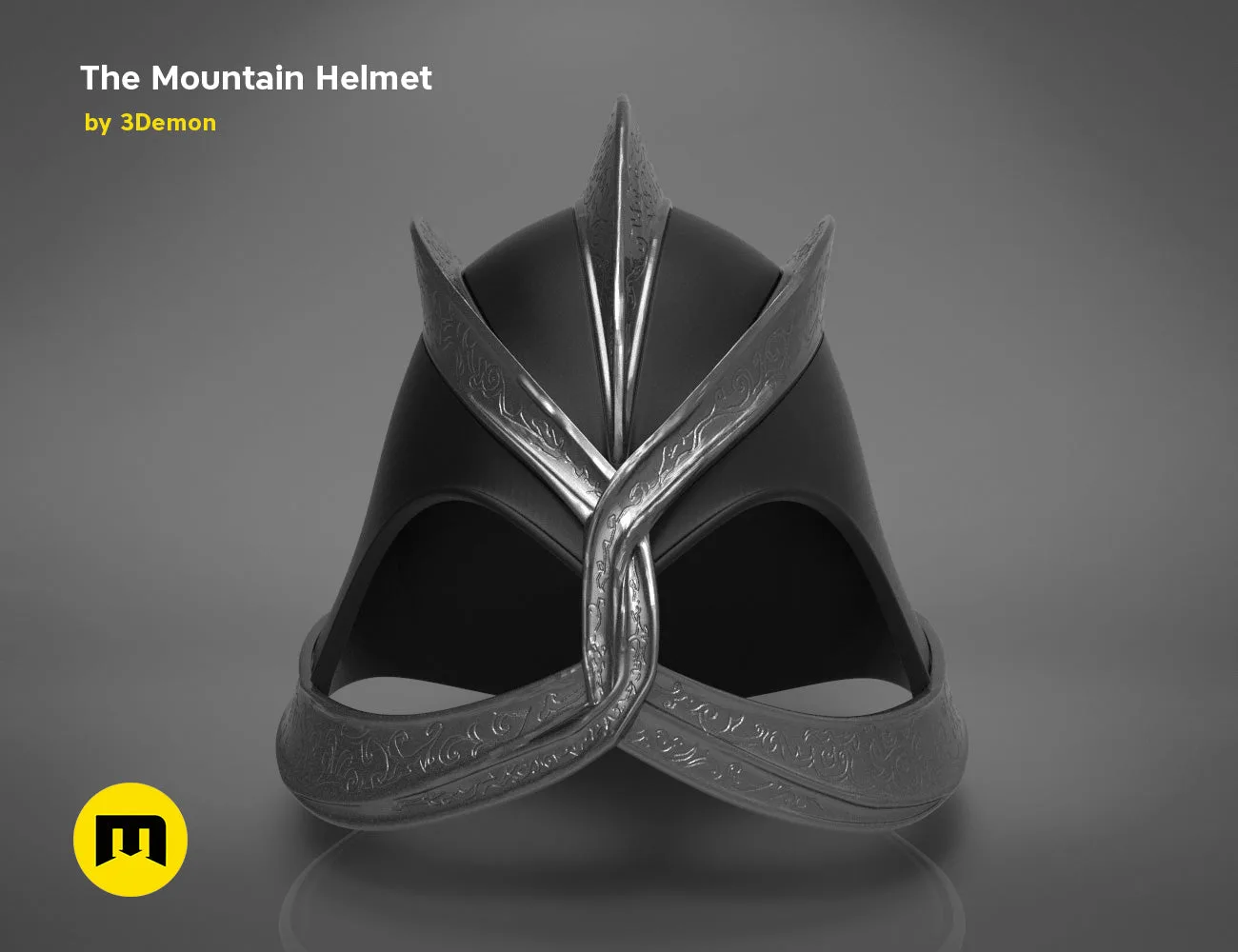 Painted 3D render of the Dark Mountain helmet from Game of Thrones, front view, on a dark gradient background.