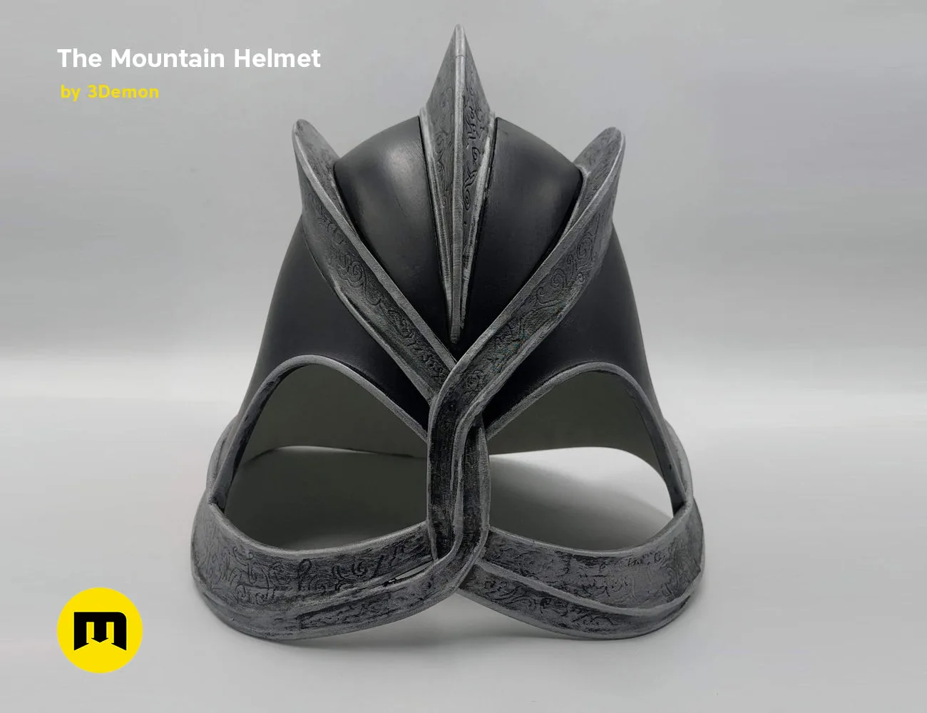 Painted 3D render of the Dark Mountain helmet from Game of Thrones from a three-quarter rear view on dark background.