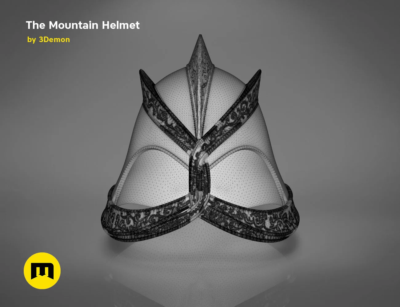 Wireframe polygon mesh render of the Dark Mountain helmet, side view showing edge loops on a grey background.