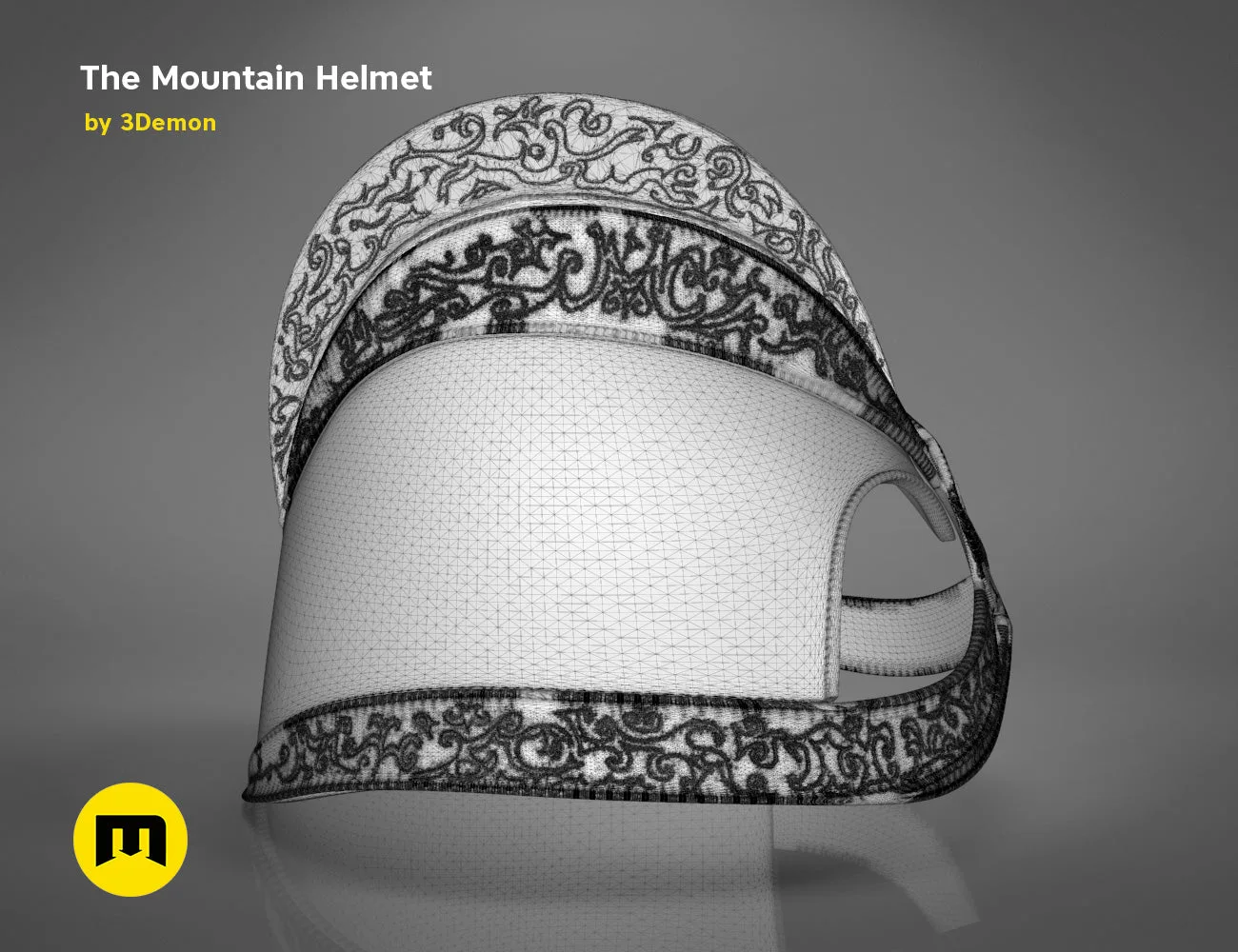 Wireframe polygon mesh render of the Dark Mountain helmet, rear view showing polygon density on grey background.