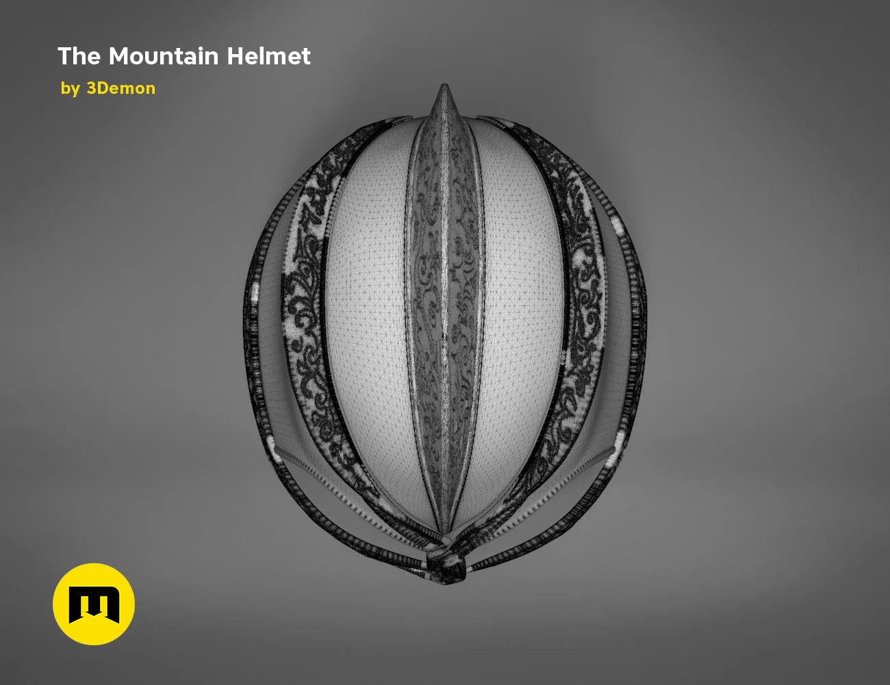 Wireframe polygon mesh render of the Dark Mountain helmet from Game of Thrones, top-down view on grey background.