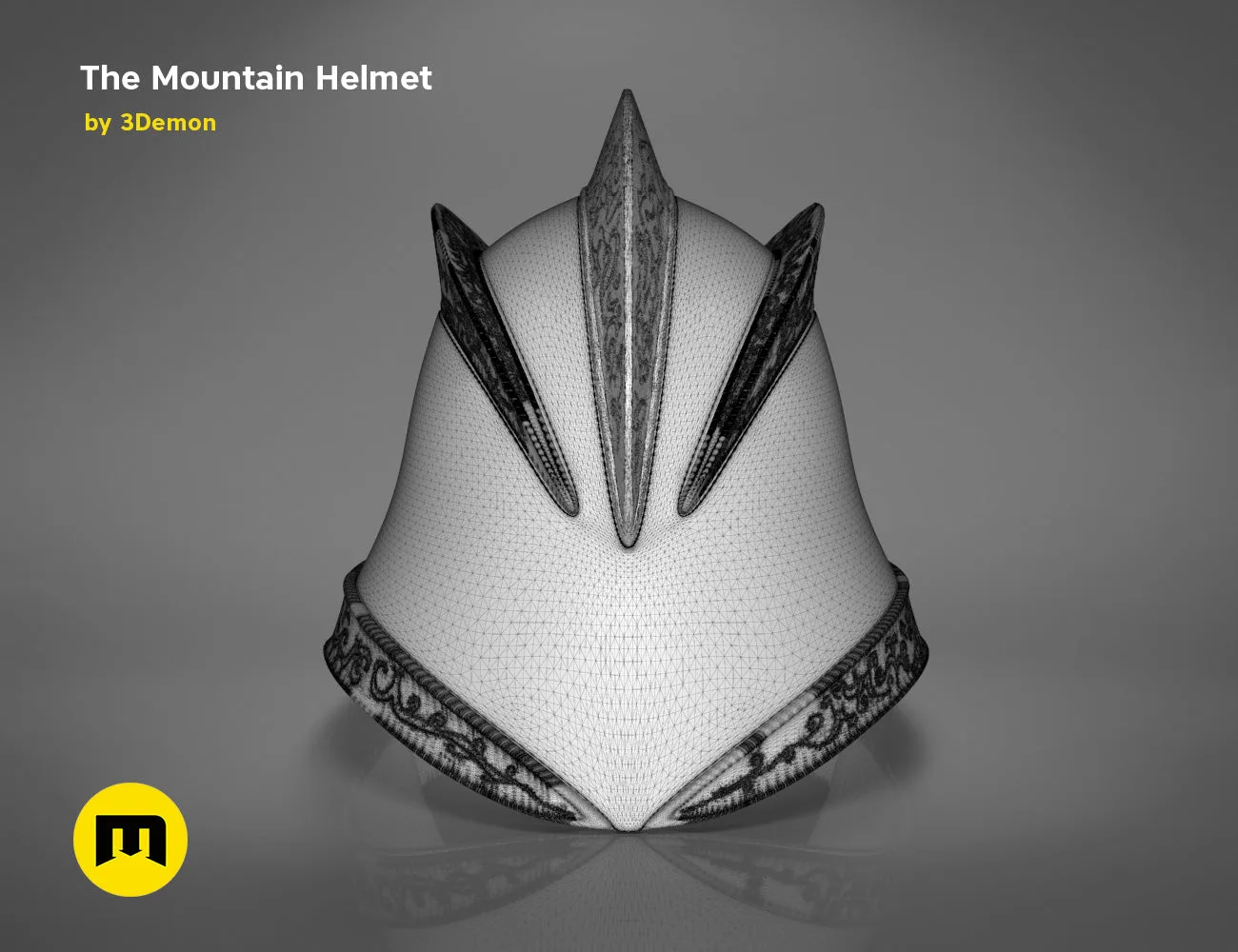 Wireframe polygon mesh render of the Dark Mountain helmet, three-quarter view showing full mesh detail on grey.