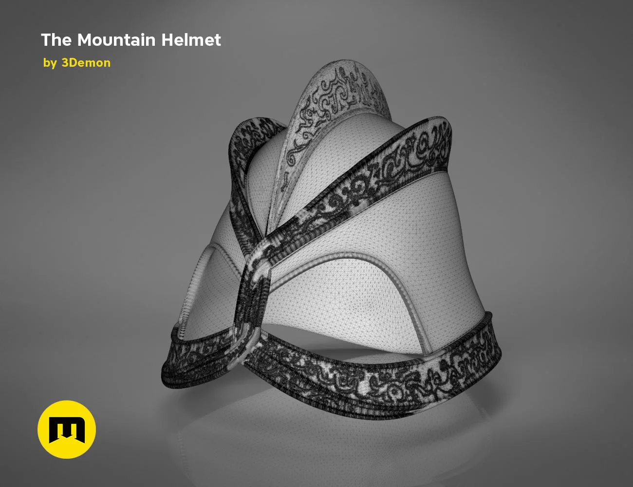 Wireframe polygon mesh render of the Dark Mountain helmet from Game of Thrones, front view on grey background.