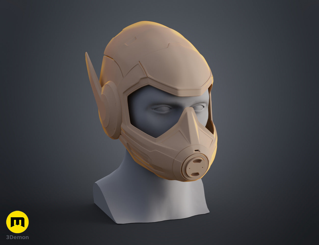 3D print preview of Wasp helmet - Ant-Man, golden cosplay prop with antennae, front view