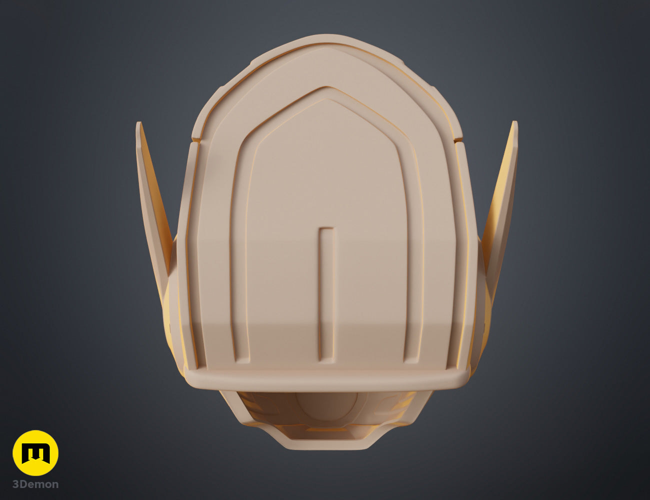 Digital 3D render of Wasp helmet - Ant-Man, gold antennae and honeycomb visor, 3D print cosplay prop.