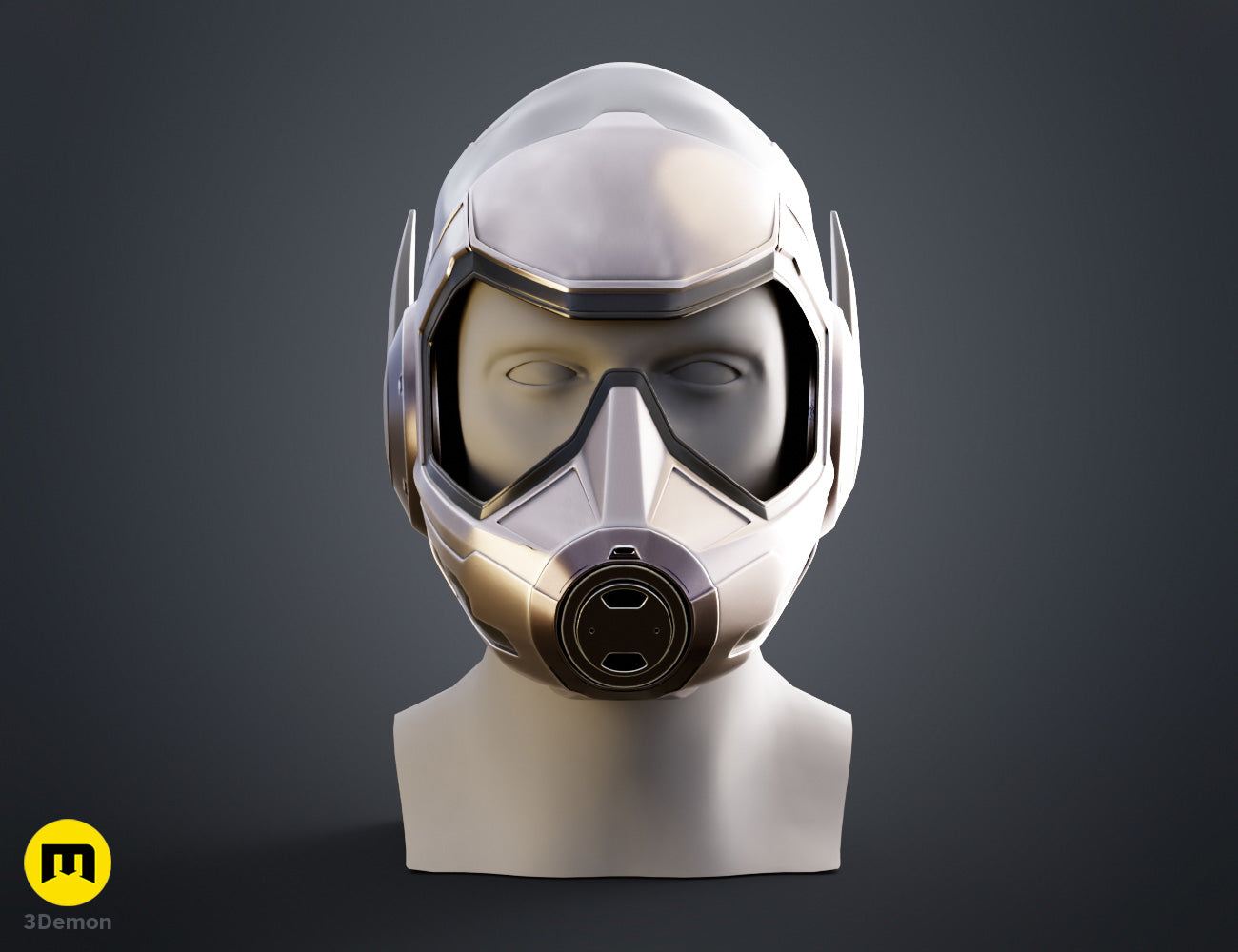 CGI render of Wasp helmet - Ant-Man STL, metallic front view cosplay prop, 3D printed