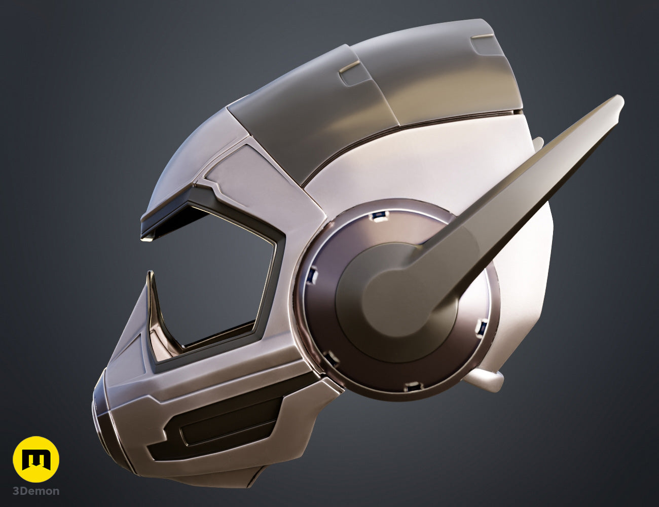 3D visualization of Wasp helmet - Ant-Man STL, metallic side view 3D print cosplay prop