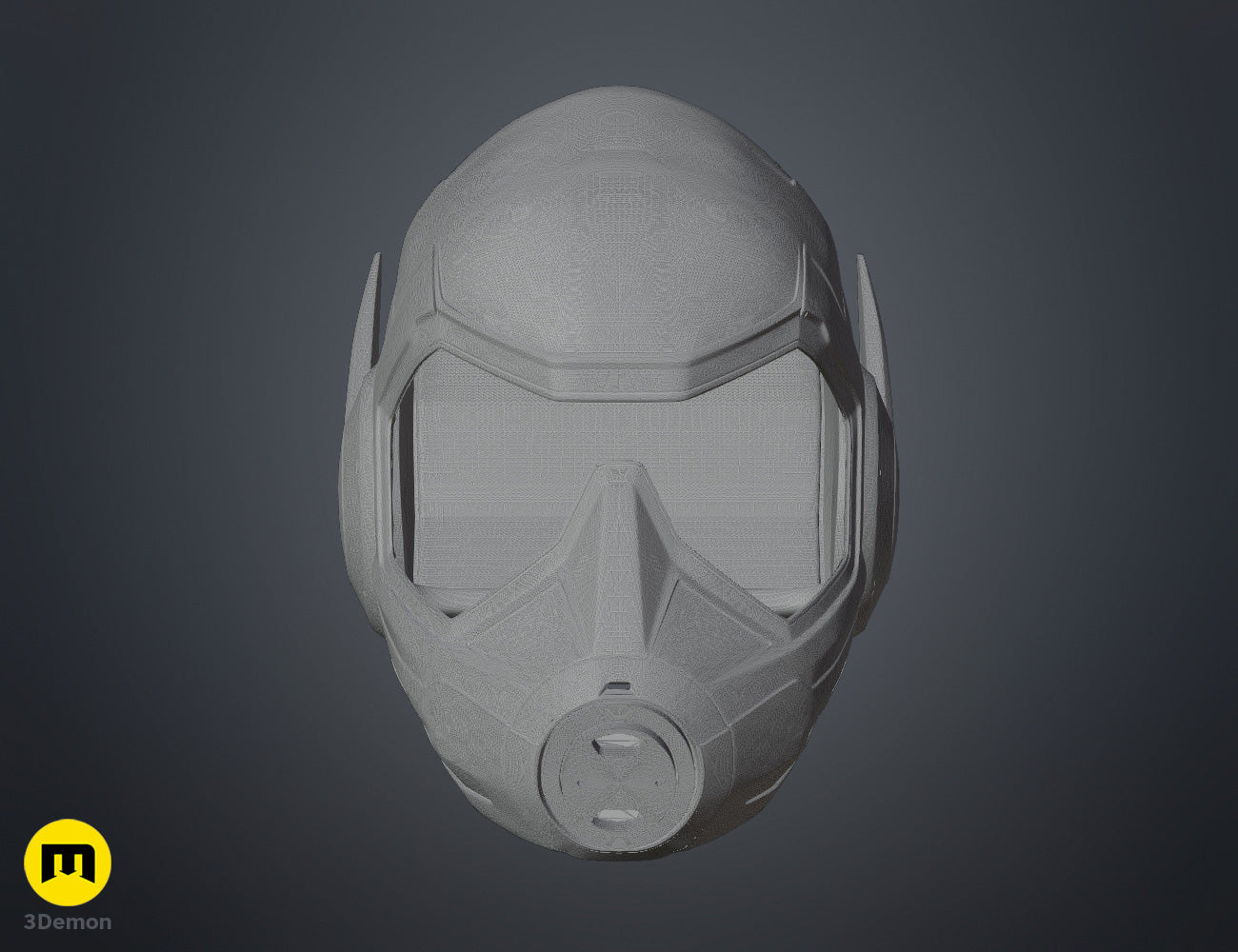 3D visualization of Wasp helmet - Ant-Man STL, front mesh render with antennae, 3D print cosplay prop