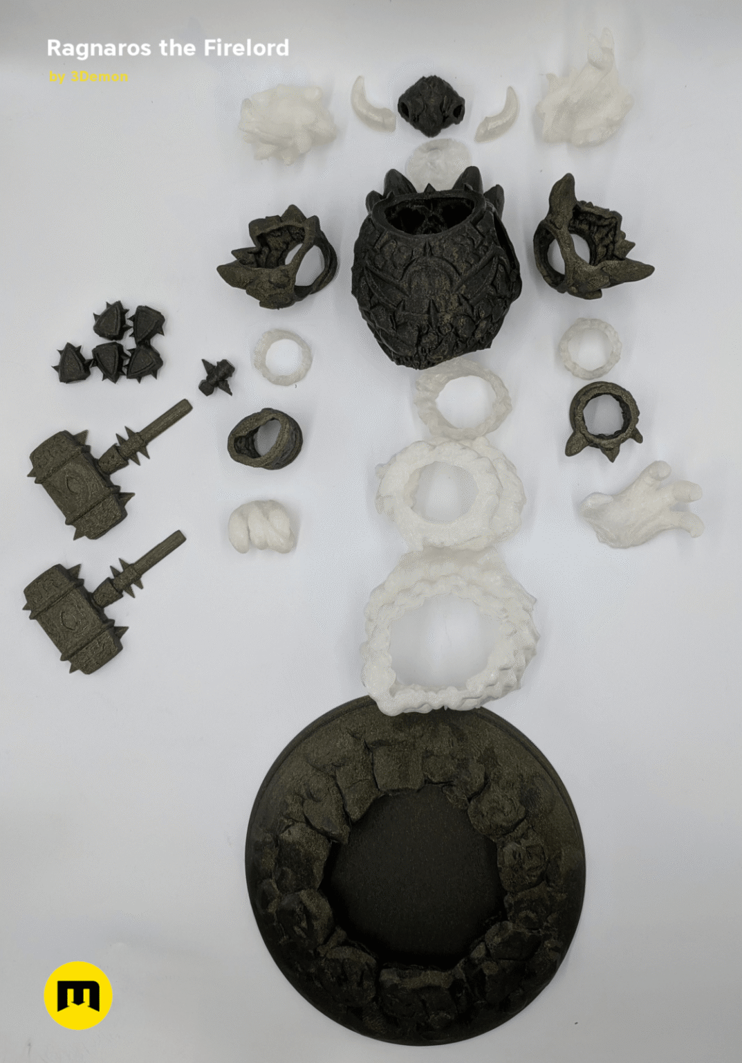 3D print preview of Firelord Figure and Lamp - Ragnaros STL, disassembled parts of lamp base and figure pieces