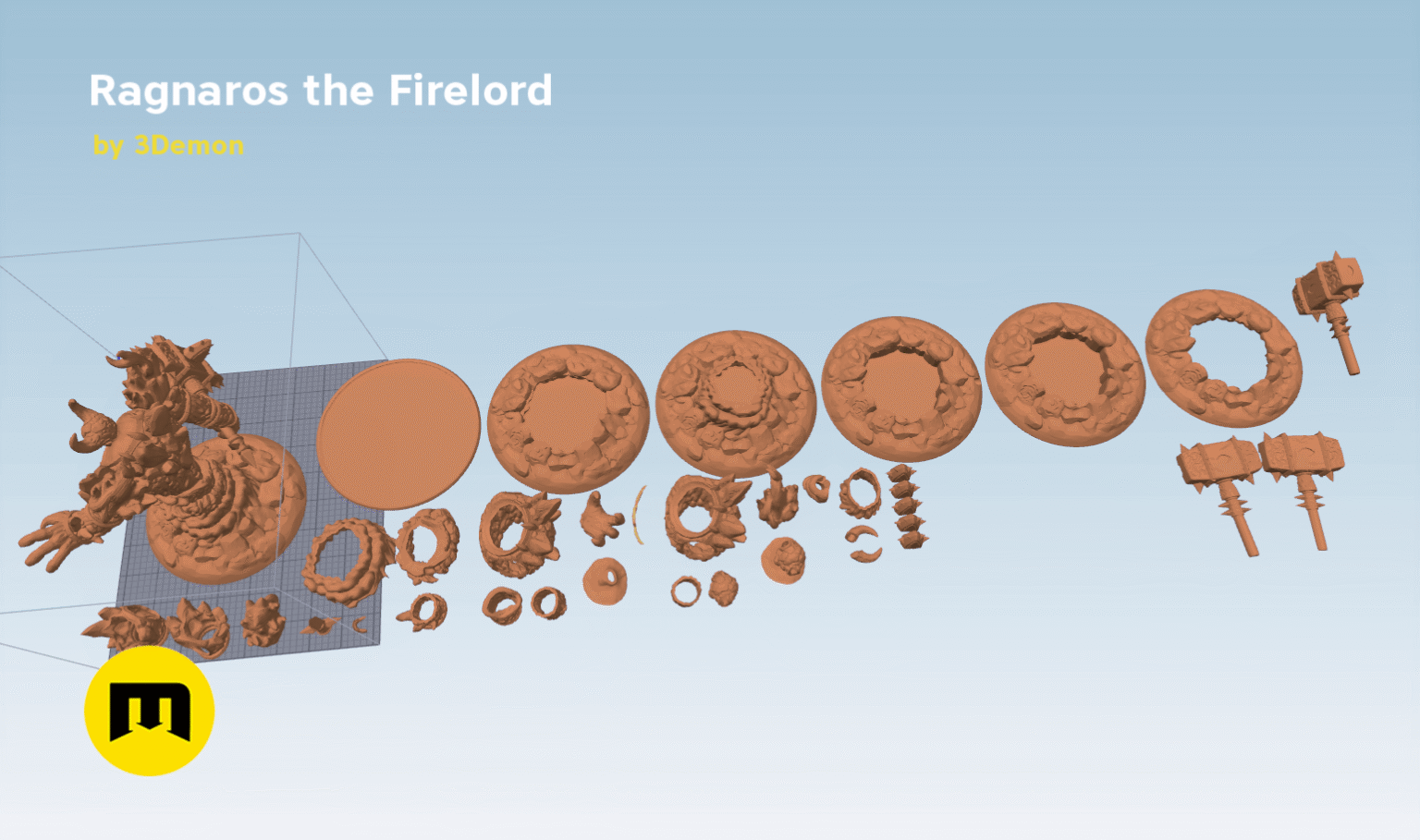 3D print preview of Firelord Figure and Lamp - Ragnaros STL, exploded disassembled parts view