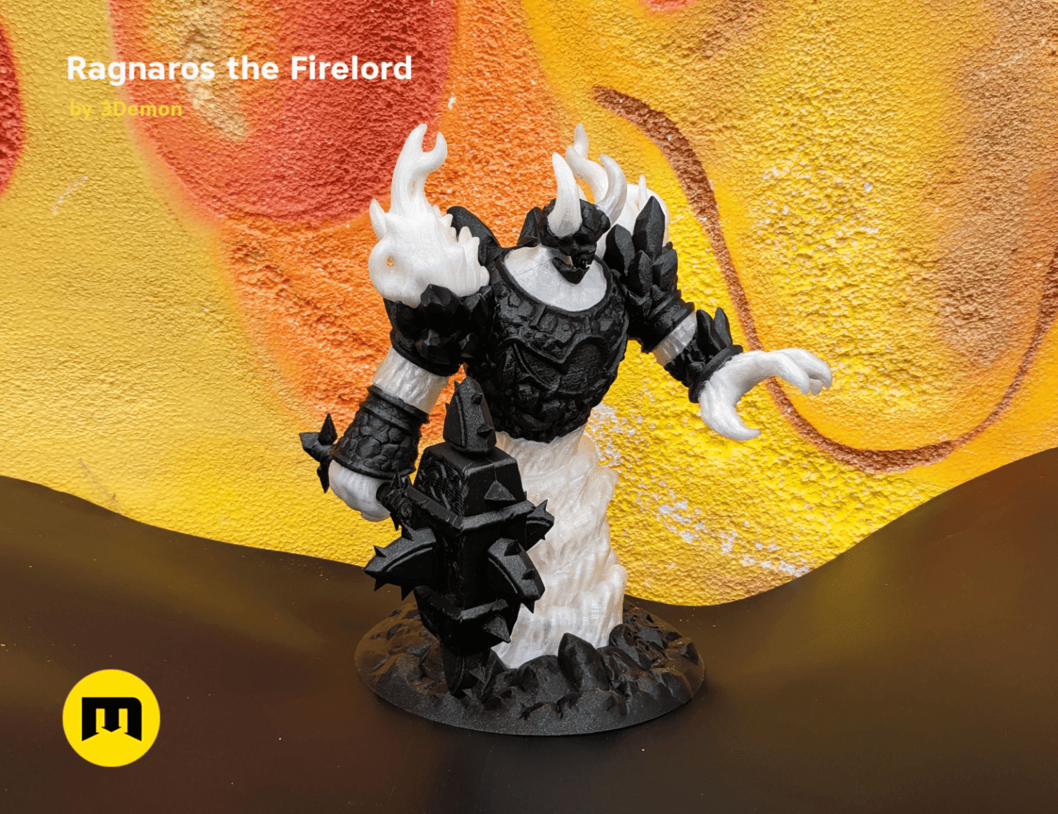 3D model render of Firelord Figure and Lamp - Ragnaros, fiery collectible figure with glowing lava base, 3D printed