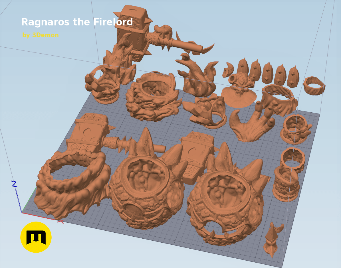 Color-coded parts breakdown of Firelord Figure and Lamp - Ragnaros, exploded view STL, 3D print collectible