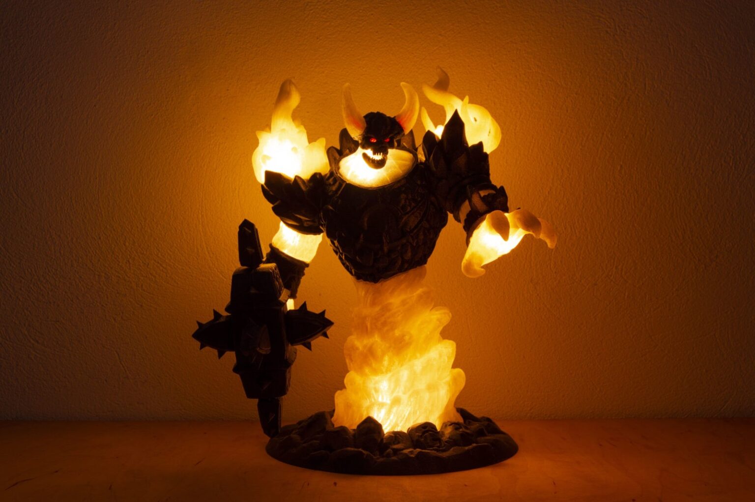 Digital 3D render of Firelord Figure and Lamp - Ragnaros, fiery collectible figure with glowing flames, 3D print lamp.