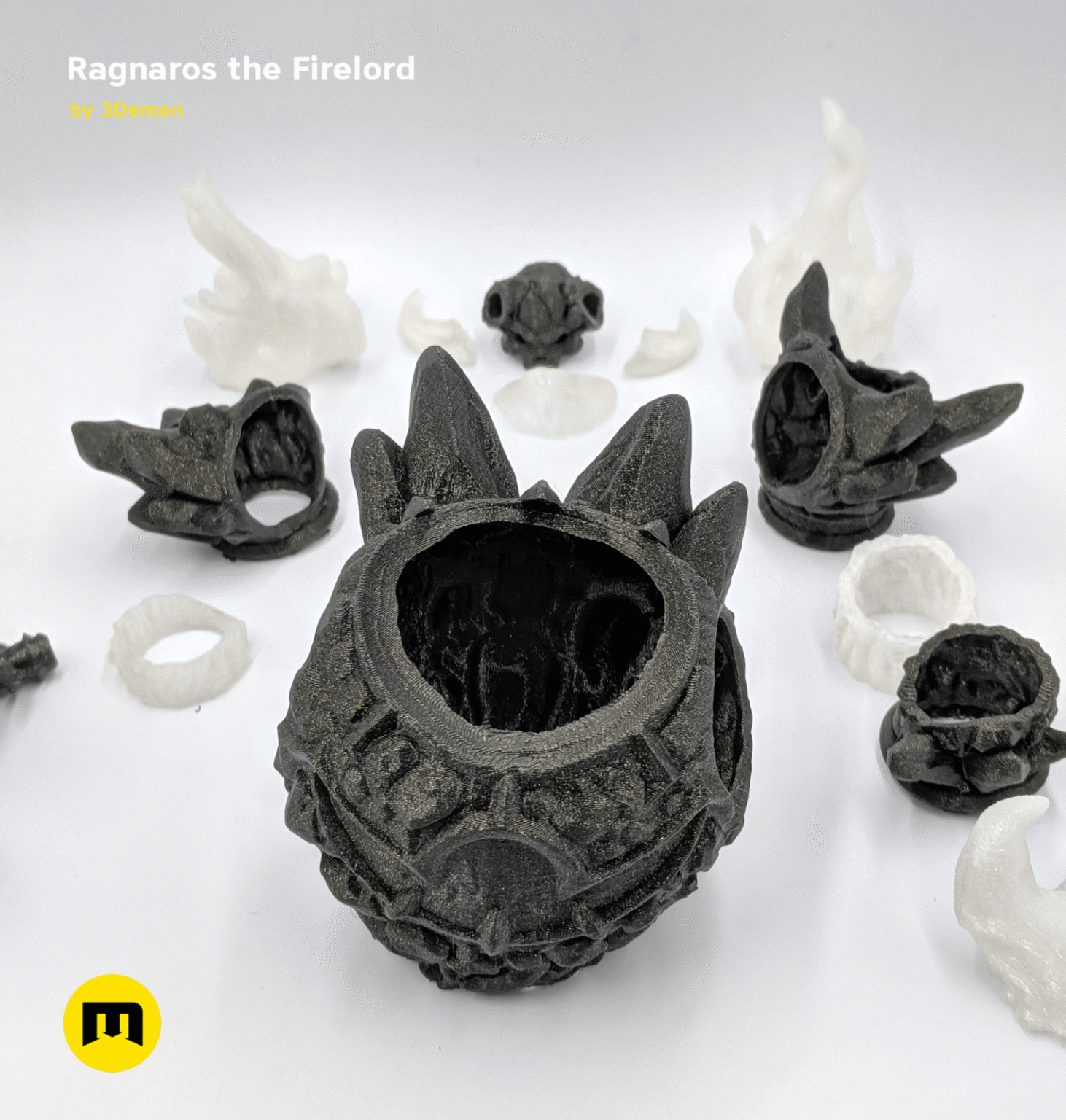 Disassembled parts of Firelord Figure and Lamp - Ragnaros, 3D printed collectible with helmet, base, and flame accents