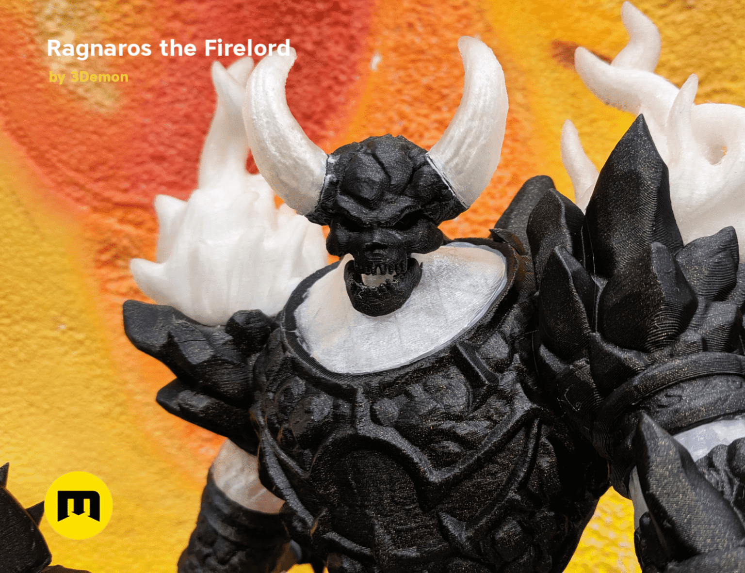 Firelord Figure and Lamp - Ragnaros STL, fiery black dragon head with white horns, 3D printed lamp