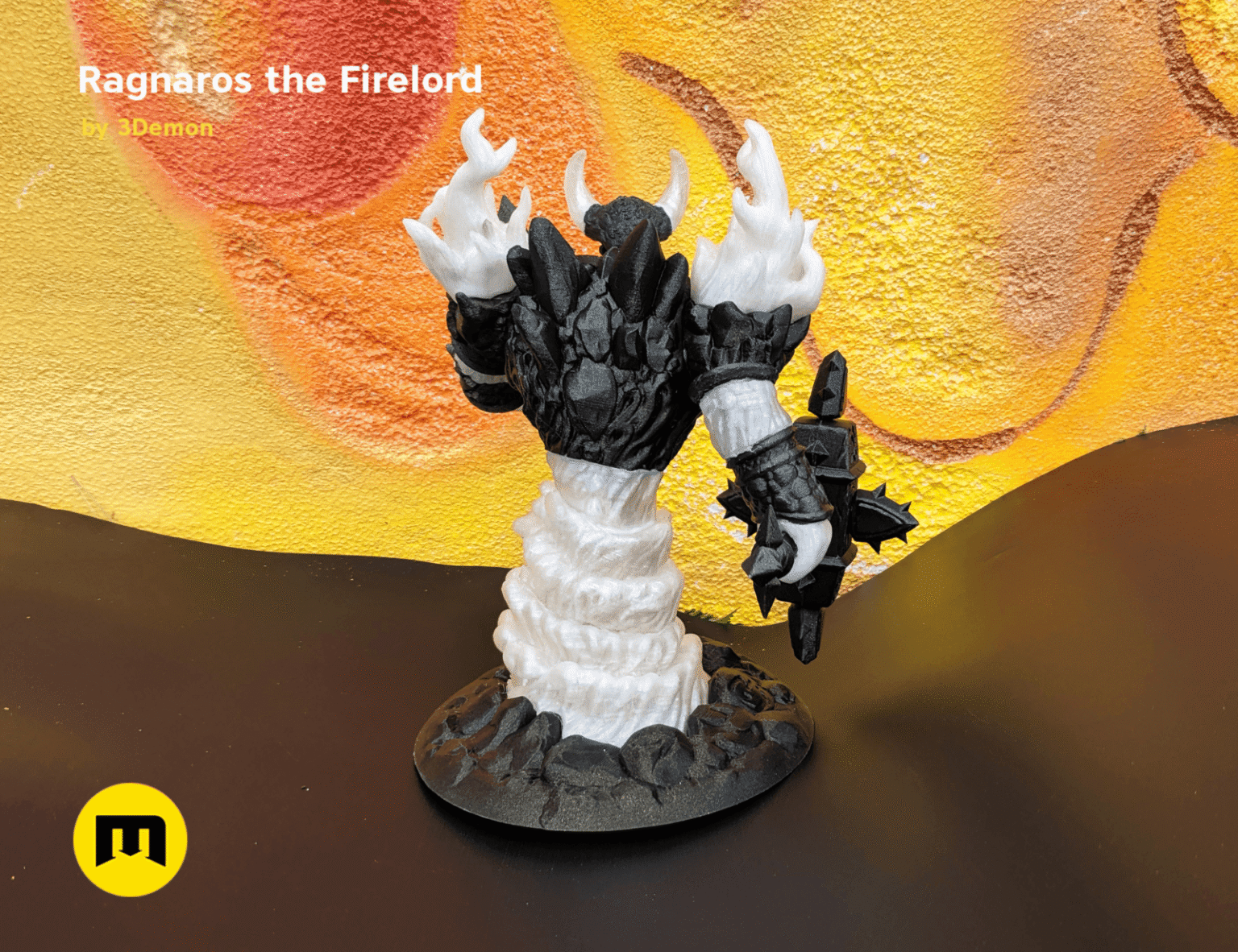 Painted 3D render of Firelord Figure and Lamp - Ragnaros, fiery collectible figure with glowing lava base.