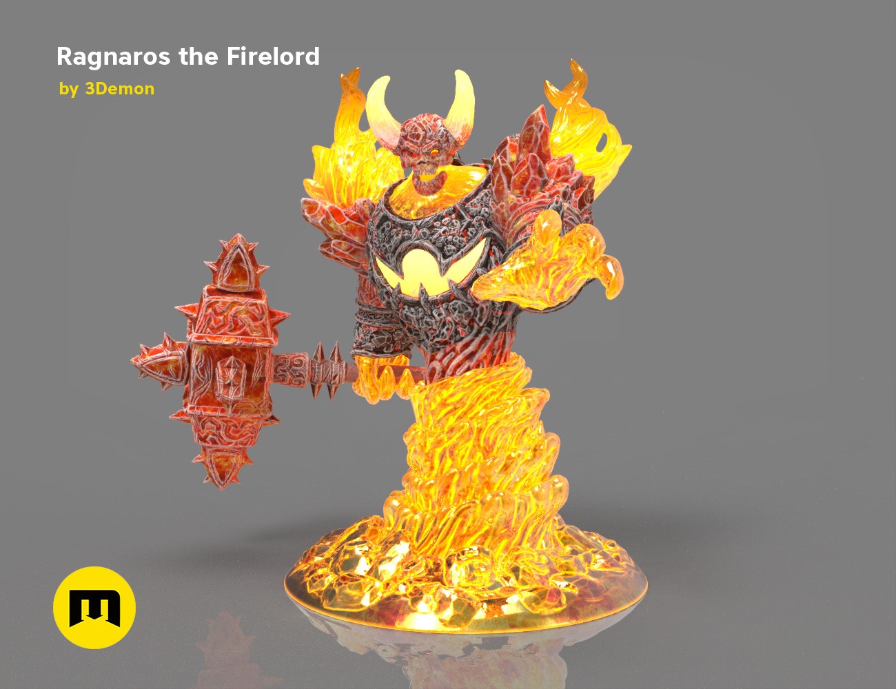 3D model of Firelord Figure and Lamp - Ragnaros STL, fiery textured collectible figure with flame base lamp
