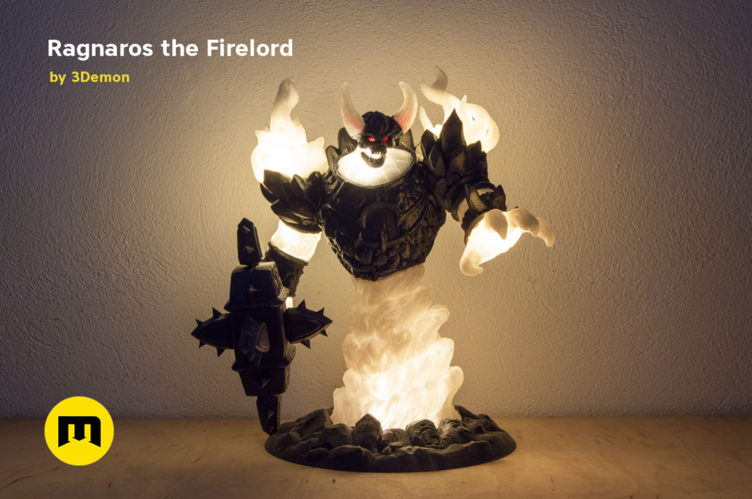 Printable 3D model of Firelord Figure and Lamp - Ragnaros, glowing flame horns, 3D printed collectible lamp.