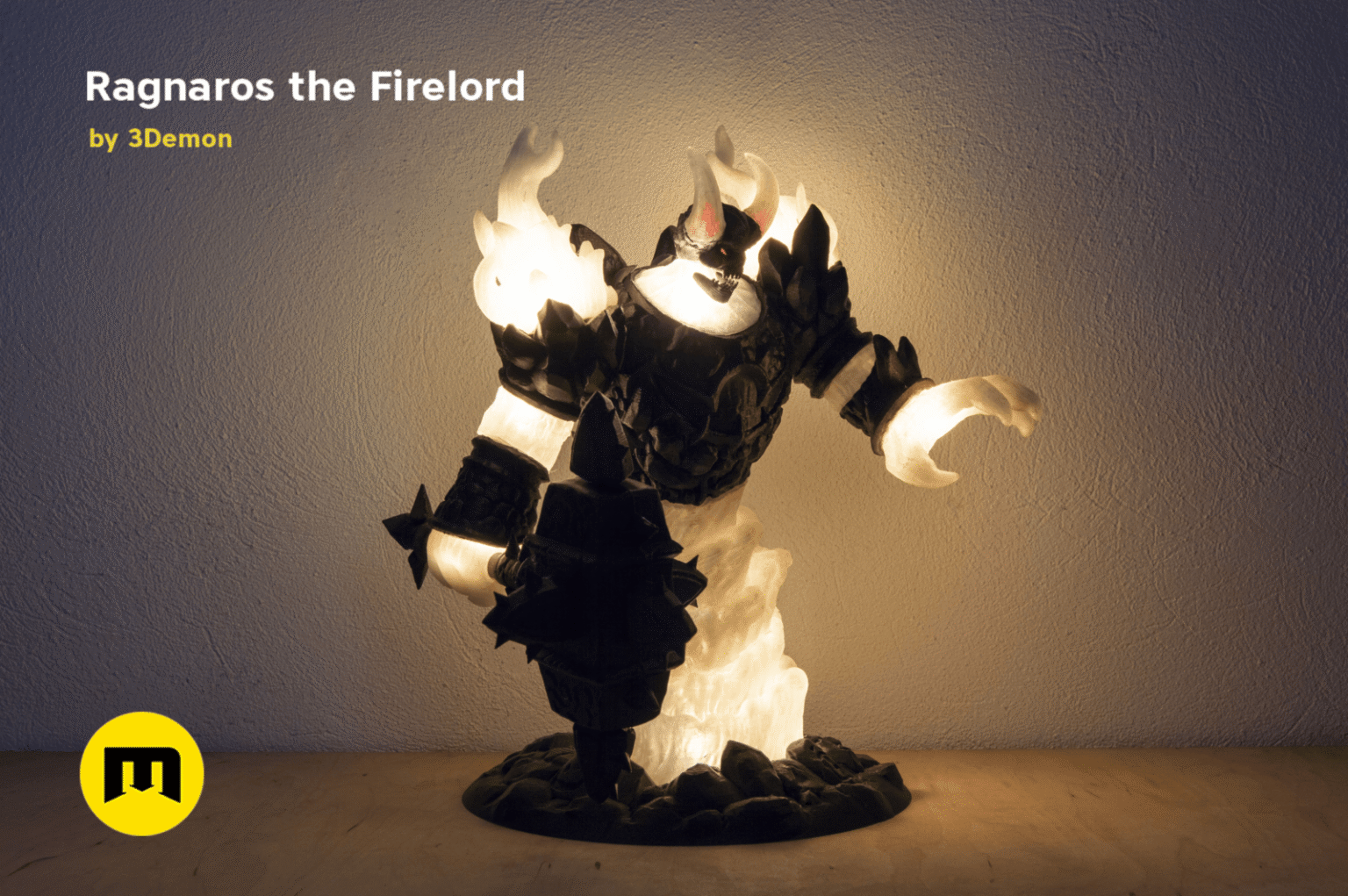 CGI render of Firelord Figure and Lamp - Ragnaros STL, glowing flame horns, 3D printed collectible lamp