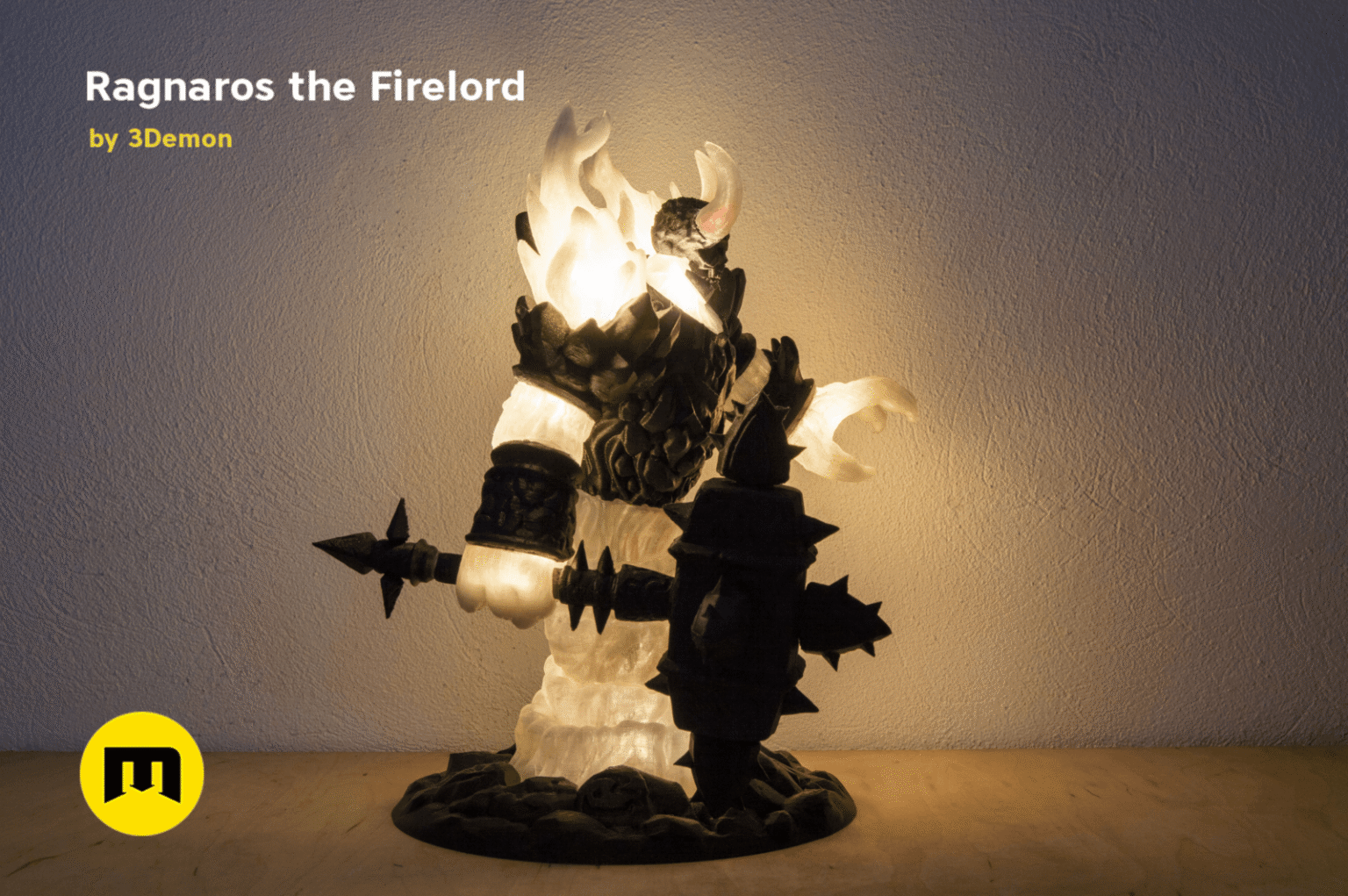 Lifestyle photo of Firelord Figure and Lamp - Ragnaros, glowing flame effect 3D printed lamp.