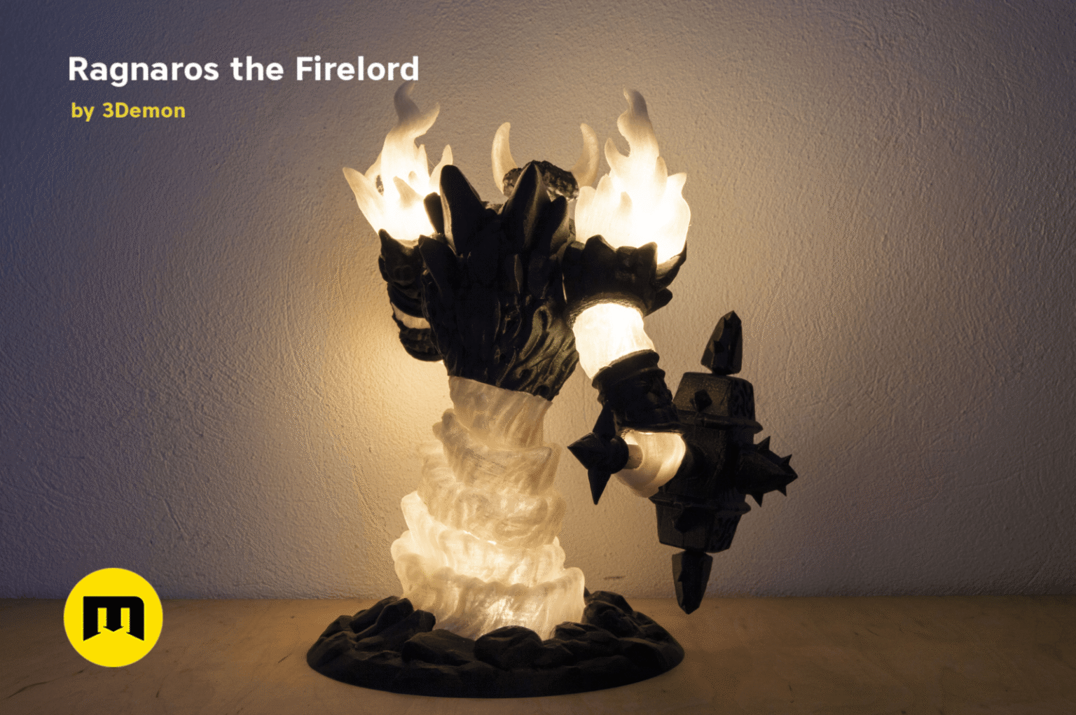 3D model render of Firelord Figure and Lamp - Ragnaros STL, glowing flame hands on lava base, 3D printed lamp collect...