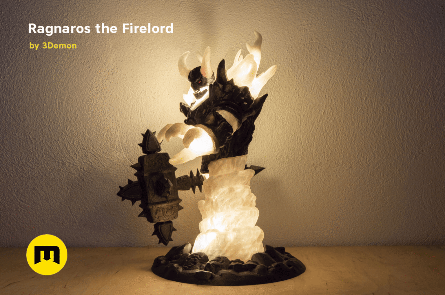 Digital 3D render of Firelord Figure and Lamp - Ragnaros, glowing flame base with detailed dragon head, 3D printed co...