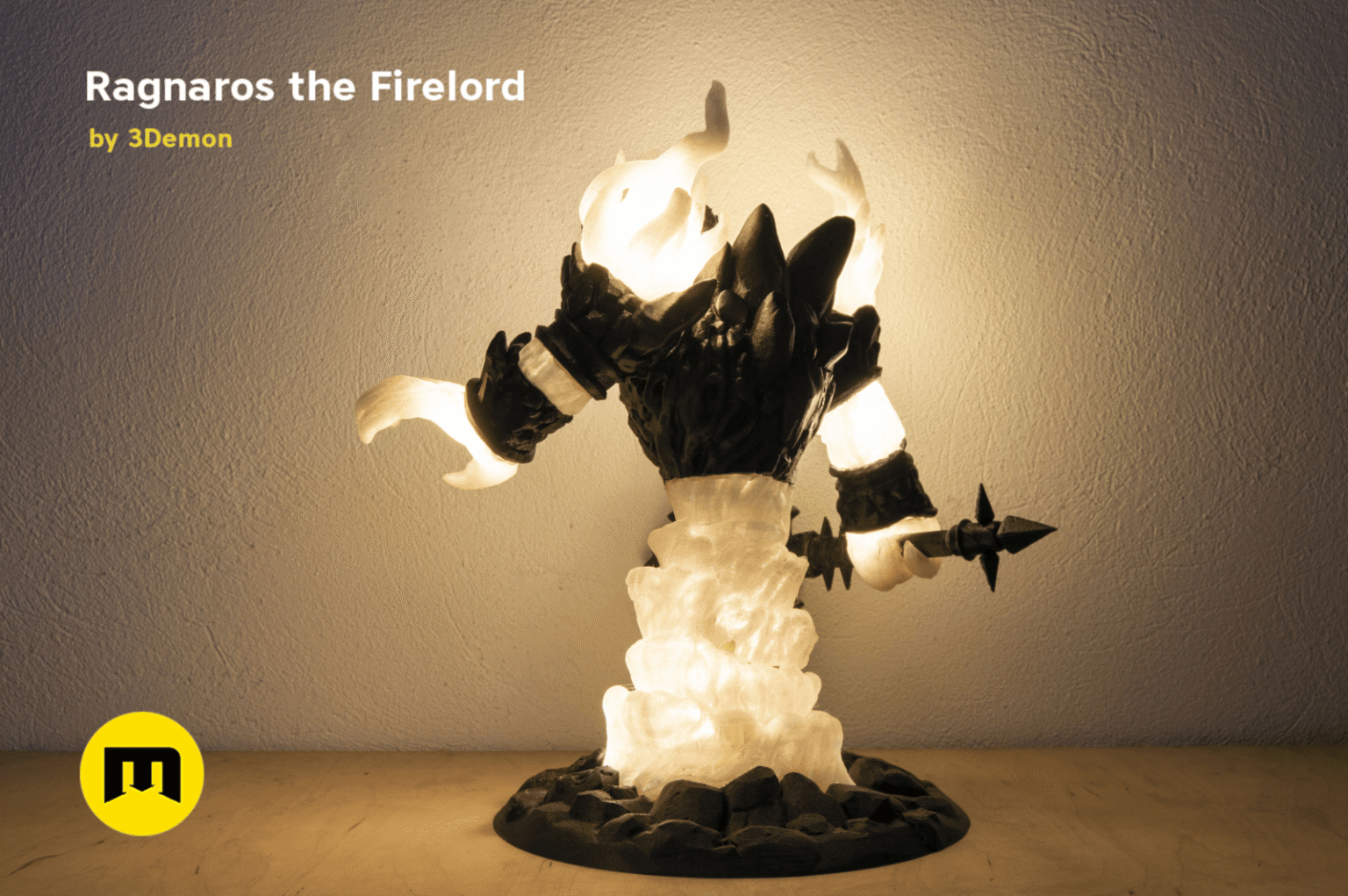 3D visualization of Firelord Figure and Lamp - Ragnaros, glowing lava base with fiery horns, 3D printed lamp collecti...