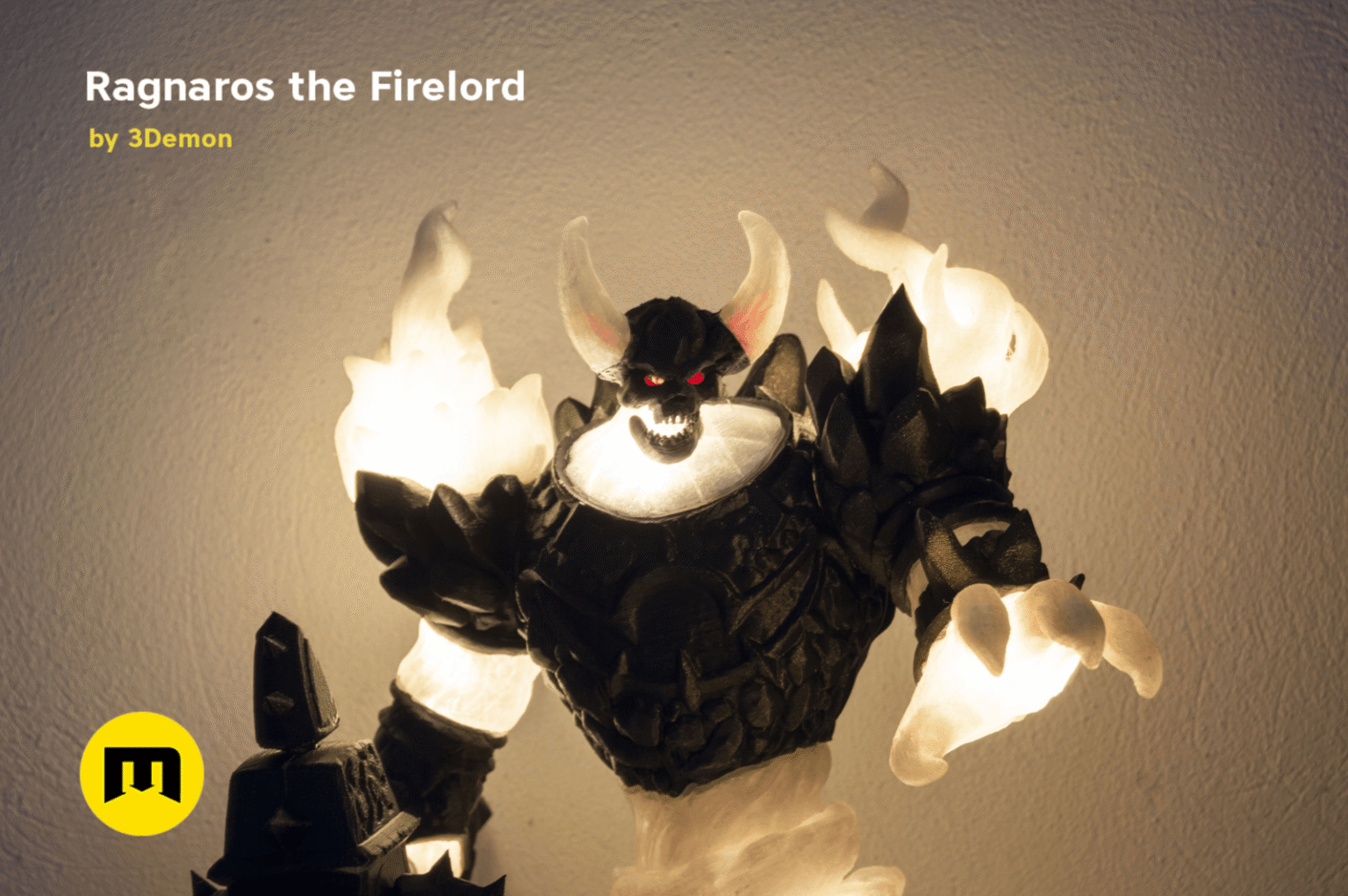 Rendered 3D model of Firelord Figure and Lamp - Ragnaros, fiery horned figure with glowing flames, 3D printed collect...